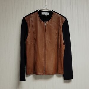 Chetta B Tan & Black Leather Merino Wool Jacket Sz 14. Vintage Indie Winter Bike